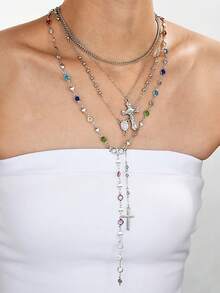 1/4pcs Vintage Metal Jesus Cross Pendant Y-Shaped Long Necklace, Boho Style Colorful Crystal Pendant Necklace Set, Suitable For Women Daily And Vacation Wear, Holiday Gift For Friends (Crystal Color Random)