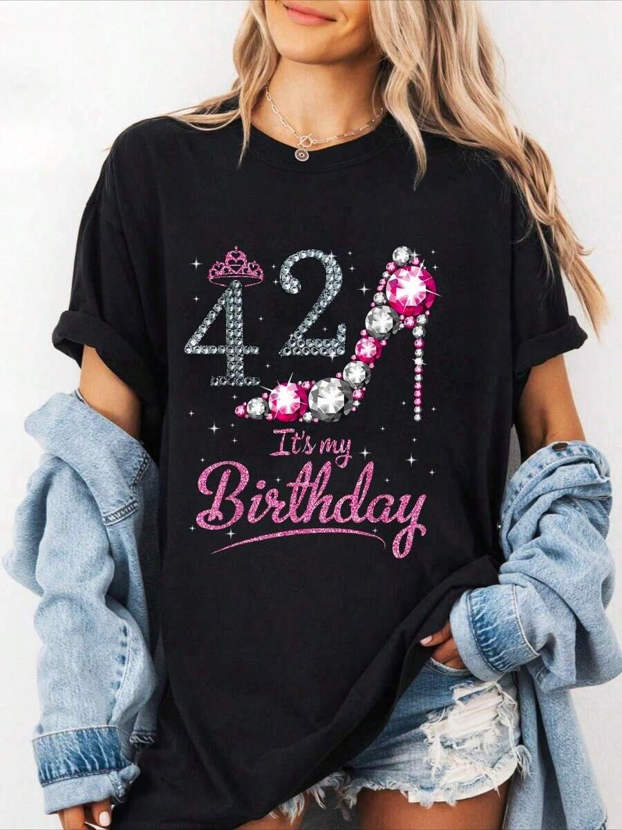 100% Cotton 42 Years Old It's My 42nd Birthday Happy Day Me You T-Shirt Summer Tees Women - 黑色 - 查看 1