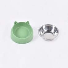 A Detachable And Washable 15° Cute Cat Design Stainless Steel Pet Cat Bowl With A Tilted Neck Protection.