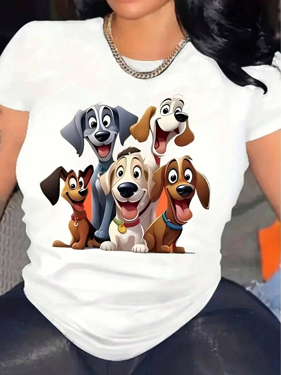 Camiseta casual de verano para mujer con estampado de perro de dibujos animados: poliéster blanco, cuello redondo, manga corta, ligera y transpirable, ideal para primavera/verano | Diseño de perro juguetón | Ajuste cómodo | Regalos para amantes de los perros.