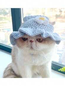 1 pieza Gorro hecho a mano tejido para mascotas con patrón de flores, gorro de crochet lindo para gatos y perros pequeños/medianos - Celeste - Ver 18