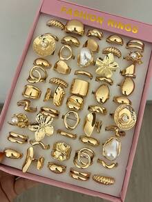 50/30/10/2pcs Women's Fashion Ring Set, Asymmetrical Smooth Geometric Liquid Ring, Exaggerated Vintage Style, Stackable Wide Band Rings, Fashionable & Elegant Versatile Ring Set (Random Styles) - Yellow Gold - View 8