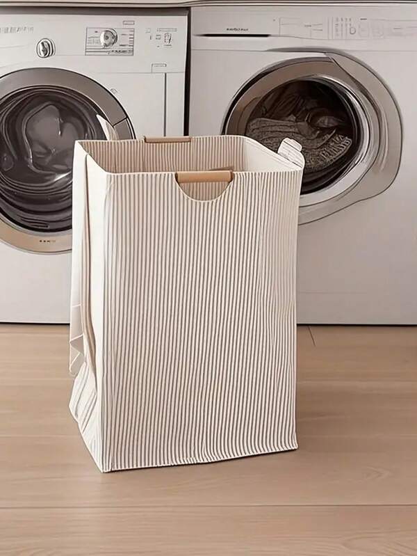 1pc Foldable Laundry Basket With Handle - Large Foldable Basket For Clothes, Towels, And Toys - Striped Design, Suitable For Bathroom, Bedroom, Dormitory Organization And Storage, Laundry Room Accessories, Laundry Basket