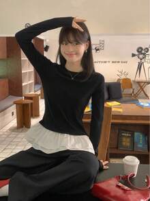 芭蕾风格荷叶边黑色长袖 T 恤，女式新款修身汗衫 - 黑色 - 查看 8