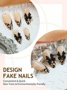 24pcs French Manicure Nail Stickers, Rectangular, 3D Line Art, Leopard Print Decor, Red Bow & Rhinestone Design, Smooth Surface, Full Coverage False Nails, Suitable For Women & Girls Daily Wear - Multicolor 2 - View 4