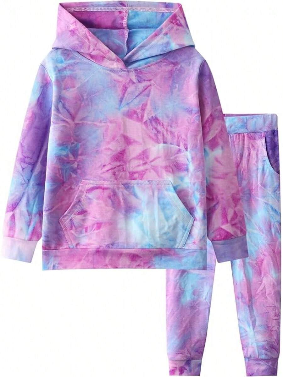Girls Tie Dye Pullover Hoodies Sweatshirt Sweatpant Tracksuit Sweatsuits Set 2-12Y