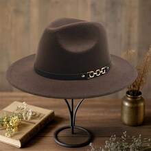 Wool Panama Hat For Men Women Chain Belt Wide Brim Fedora Caps British Style Jazz Hat For Daily Party Club - 咖啡色 - 查看 4