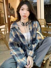 休闲格纹落肩宽松衬衫，秋季 - 藍色 - 查看 1