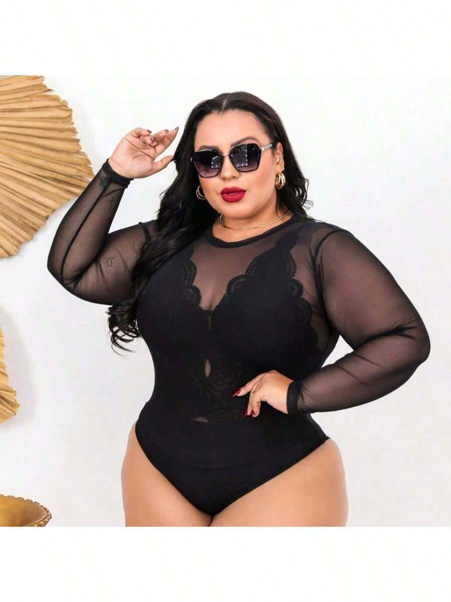 Conjunto Body Tule Manga Longa Transparente Preto + Top Renda Plus Size - Preto - Visão 1