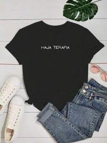 Women's Blouse Funny Phrases Let There Be Therapy Creative Print Cotton - 黑色 - 查看 2