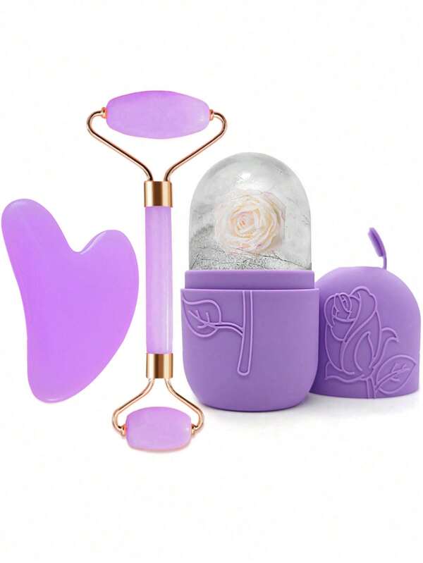 3 Pieces Ice Facial Roller - Face Skin Care Ice Roller Set, Facial Massage Tools, Silicone Ice Facial Roller, Ice Roller, Rose Quartz With Roller Massager And Gua Sha Board, For Relieving Face And Eye Puffiness, Facial Massager Contours And Enhances Skin Care And Glow, For Eyes, Neck And Face, Ice Facial Roller Mold Cube - Skin Care Tools. Summer Ice Massage Products, Office Supplies School Supplies Travel Essentials.,Beauty,Skin Care Products,Spa,Self Care,Skin Care Tools,Face Care,Esthetician Supplies,Massage,Face Massage Tool,Face Roller