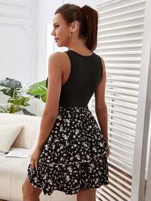 Mujer Floral Color Block Multi Layered Vest Cami Dresses - Negro - Ver 3