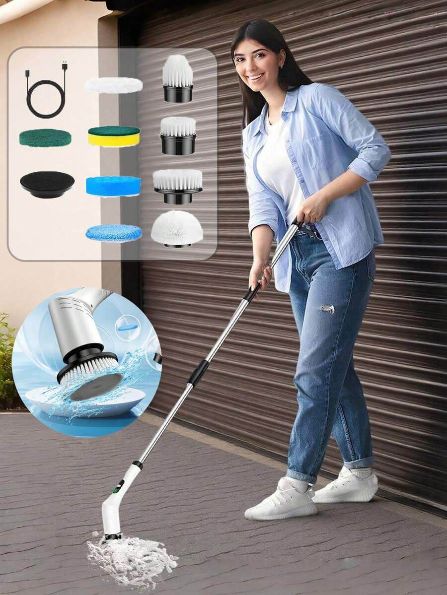 3/7/9 piezas Cepillo de limpieza eléctrico con pantalla digital - Inalámbrico, Limpiador de piso giratorio a 360°, con 9/7/3 cabezales intercambiables, mango telescópico ajustable, carga USB-C para baño, cocina, inodoro y coche