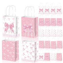 12Pcs Pink Bow Gift Bags - Paper Party Favor Bags, Multi-Event Pouches For Shower/Wedding Decoration/Halloween/Christmas/Party Supplies, Halloween Gift Bags, Thanksgiving Gift Bags, Fall Decoration
