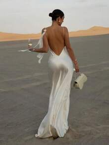 New Stylish And Sexy Spaghetti Strap Backless Dress, Long Vacation-Style Wedding Party Elegant And Sexy Bride Gift Dress, White Women's Knitted Backless Long Dress - 白色 - 查看 8