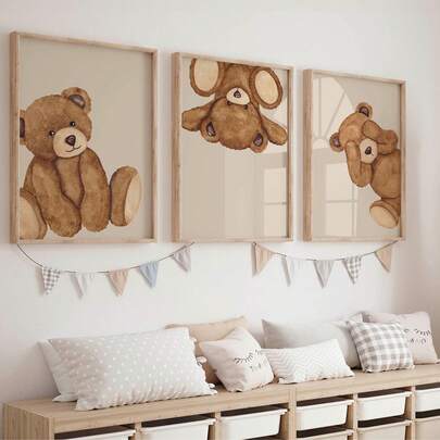 3pcs Framed Canvas Paintings, Children's Day Framed Canvas Wall Art, Teddy Bear Theme Nursery Decor, Unisex Kids Room Wall Art, 3-Piece Set, Cute Animal Peeking Pattern, Nursery Or Playroom Digital Download, Nursery Wall Decor, Nursery Decorations, Wall Decor Poster, Inspirational Printed Wall Art, Wall Hanging, Ready To Hang.