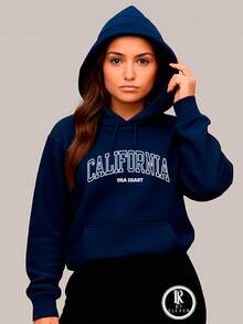 Women's Cold Weather Sweatshirt In Various Colors With California USA Print Fast Shipping Blouse With Pocket And Hood - 藏蓝色 - 查看 2
