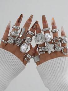 6-22 件/套复古厚实不对称花卉戒指套装，女士日常佩戴，约会，派对礼物