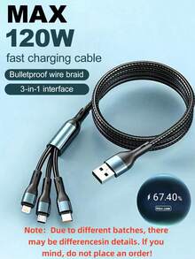 三合一尼龙编织 USB 充电线，通用快速充电 USB 转 Lightning/Type-C/Micro USB 连接线，1.2 米充电线兼容数据传输，但 2 米线长。兼容 15/16/17、Type-C 手机、安卓手机。兼容三星、小米、Vivo，通用数据线 - 彩色 - 查看 11