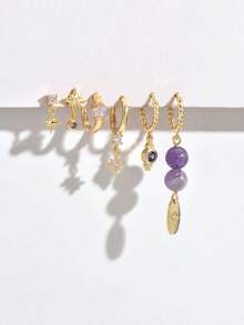 1 Set Of 6pcs Elegant Zirconia Stud Earrings, Suitable For Daily, Party, Holiday, Date Or Wedding - Yellow Gold - View 4