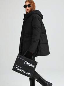 New Women's Black Hooded Padded Coat With Drawstring And Pockets Long Regular Sleeve Winter Jacket