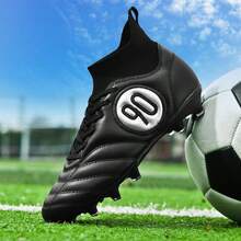 男女通用防滑足球鞋，高帮钉鞋，耐磨人造草足球鞋 - 黑色 - 查看 7