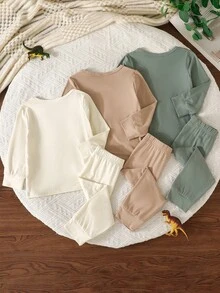 Conjunto de 6 piezas de ropa para bebé, ropa exterior minimalista suave y cómoda, top de manga larga con cuello redondo con estampado de dinosaurio + pantalones, ropa de invierno para niños