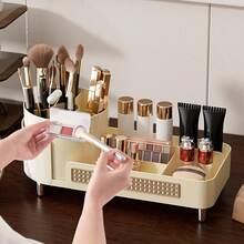 1Pc 360-Degree Rotating Makeup Organizer - Large Capacity Cosmetic Storage Box With Skincare Compartment, 2-In-1 Bathroom Vanity Display Case For Women