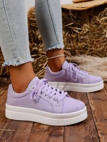 Zapatillas casuales de unicolor para mujer, ligeras y versátiles, con suela gruesa y cordones delanteros, ideales para estudiantes universitarios, aptas para todas las estaciones y perfectas para caminar a diario