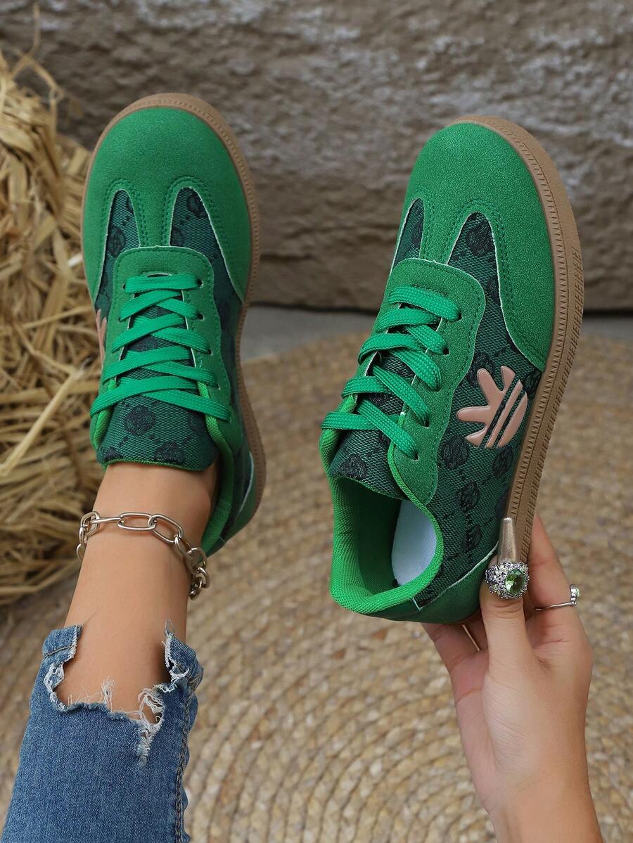 2025新款经典休闲系带运动鞋，纯色轻便软底户外百搭休闲鞋，学生跑步、徒步、散步舒适 - 綠色 - 查看 1