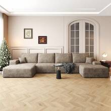 Oversized U Shaped Modular Sectional Sofa Cloud Couch With Chaise Lounge And Movable Ottoman, Fluffy Corduroy Upholstered Boneless Sofa Deep Seat Couches W/Pillows - Lạc đà 135,4" - Xem 1