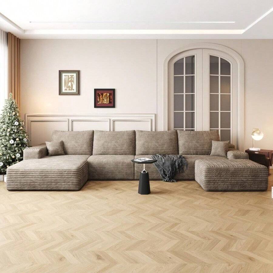 Oversized U Shaped Modular Sectional Sofa Cloud Couch With Chaise Lounge And Movable Ottoman, Fluffy Corduroy Upholstered Boneless Sofa Deep Seat Couches W/Pillows - Lạc đà 135,4" - Xem 1
