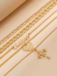 5 Stücke/Set Vintage Mehrschichtiges Herz geprägtes Portrait Kreuz Halskette, Hip-Hop personalisierte Buchstaben Kette Schmuck