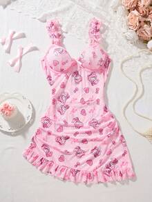 Sanrio 1 件女款 Hello Kitty、卡哇伊、波点和蝴蝶结印花、粉色睡衣、可爱睡裙、V 领、蝴蝶结装饰、透视、生菜边、露背、娃娃装、性感内衣睡袍、性感连衣裙 - 淺粉色 - 查看 9