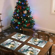 1 set/4 piezas/6 piezas Manteles individuales con diseño de muñeco de nieve y bayas navideñas, lavables a máquina, rectangulares de poliéster, protectores de mesa, manteles individuales aislantes del calor, decoraciones de mesa de restaurante, suministros para fiestas, decoraciones navideñas, se pueden regalar - Multicolor - Ver 6