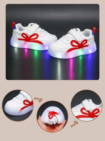 1 Pair New Unisex Children Shoes, Red & White Fashion LED Light Up Shoes With Bow Decor, Hook And Loop Closure For Easy On/Off, Suitable For Daily Wear, 1 Pair Baby Boy Shoes, 1 Pair Little White Shoes, 1 Pair Casual Outdoor Shoes, 1 Pair Baby Girl Casual Shoes, 1 Pair Versatile Neutral Shoes, Insole Length 13-18.3cm, Fashionable Kids Shoes
