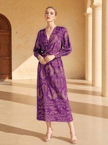 Floral Print V Neck Midi Dress For Women - Lightweight Chiffon With A-Line Silhouette  Elastic Waist - Elegant Summer Dress For Party, Date  Daily Wear - 紫色 - 查看 4