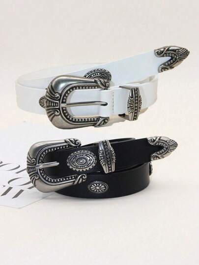 1 件加大码柔软黑白 PU 皮革腰带，配复古雕花扣，纯色腰带，男女皆宜