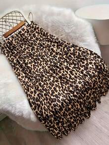 New Fashionable Leopard Print Pleated Flared Skirt, Elastic Waist Design, Loose Fit Women Long Skirt, Suitable For Spring And Autumn Summer - Brown - View 4