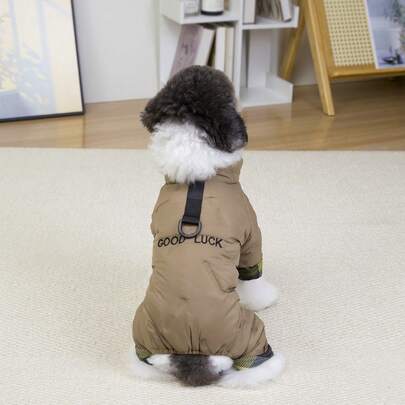 25pcs/Pack Embroidered Letter Cotton Clothes, Pet 4-Leg Cotton Jumpsuit, New Cat & Dog Apparel, Thickened Floral Dog Cotton Coat, Small Dog Clothes, Autumn/Winter Thick Windproof Cotton Padded Jacket, Casual British Style Padded Coat