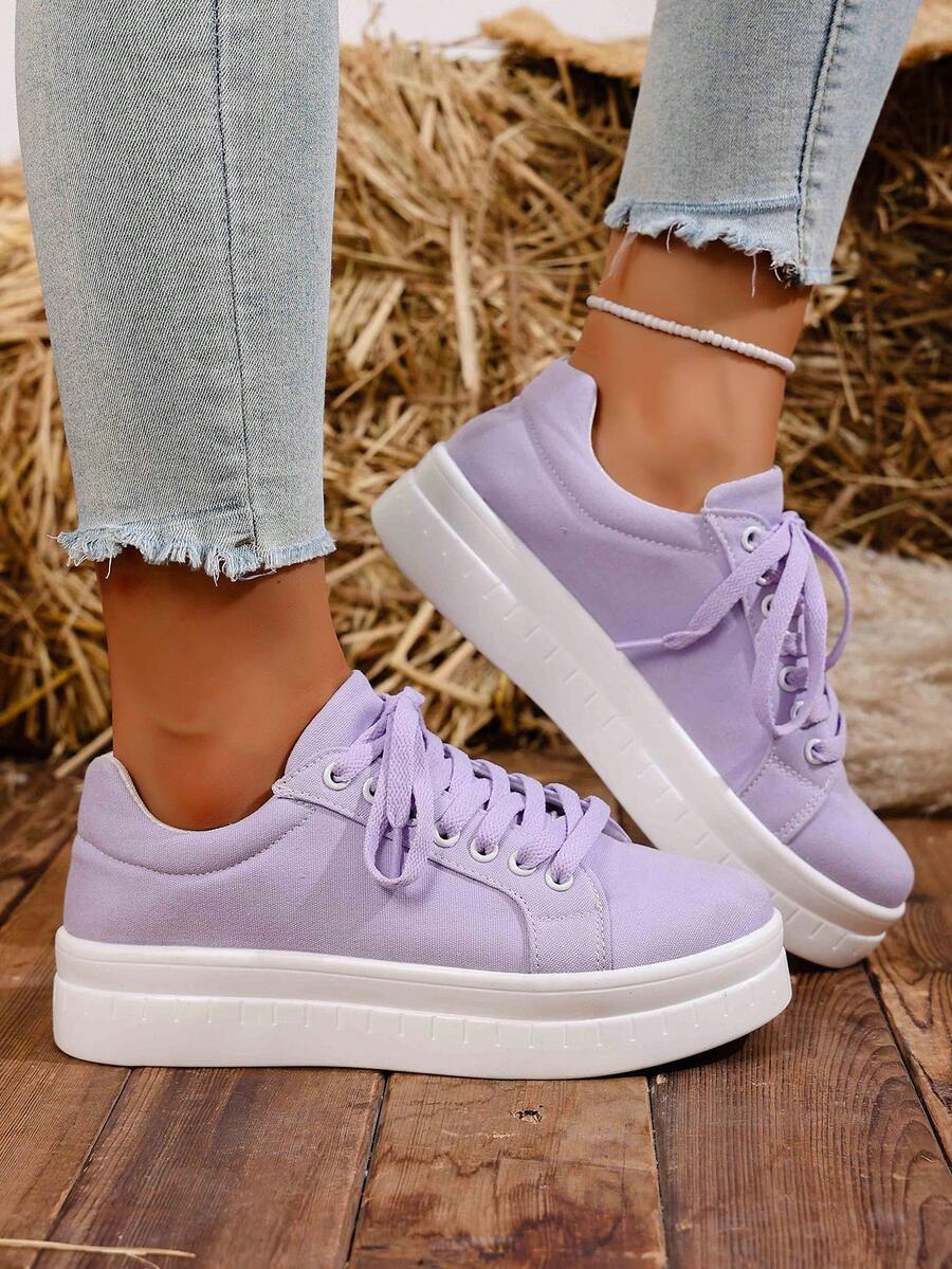 Zapatillas casuales de unicolor para mujer, ligeras y versátiles, con suela gruesa y cordones delanteros, ideales para estudiantes universitarios, aptas para todas las estaciones y perfectas para caminar a diario