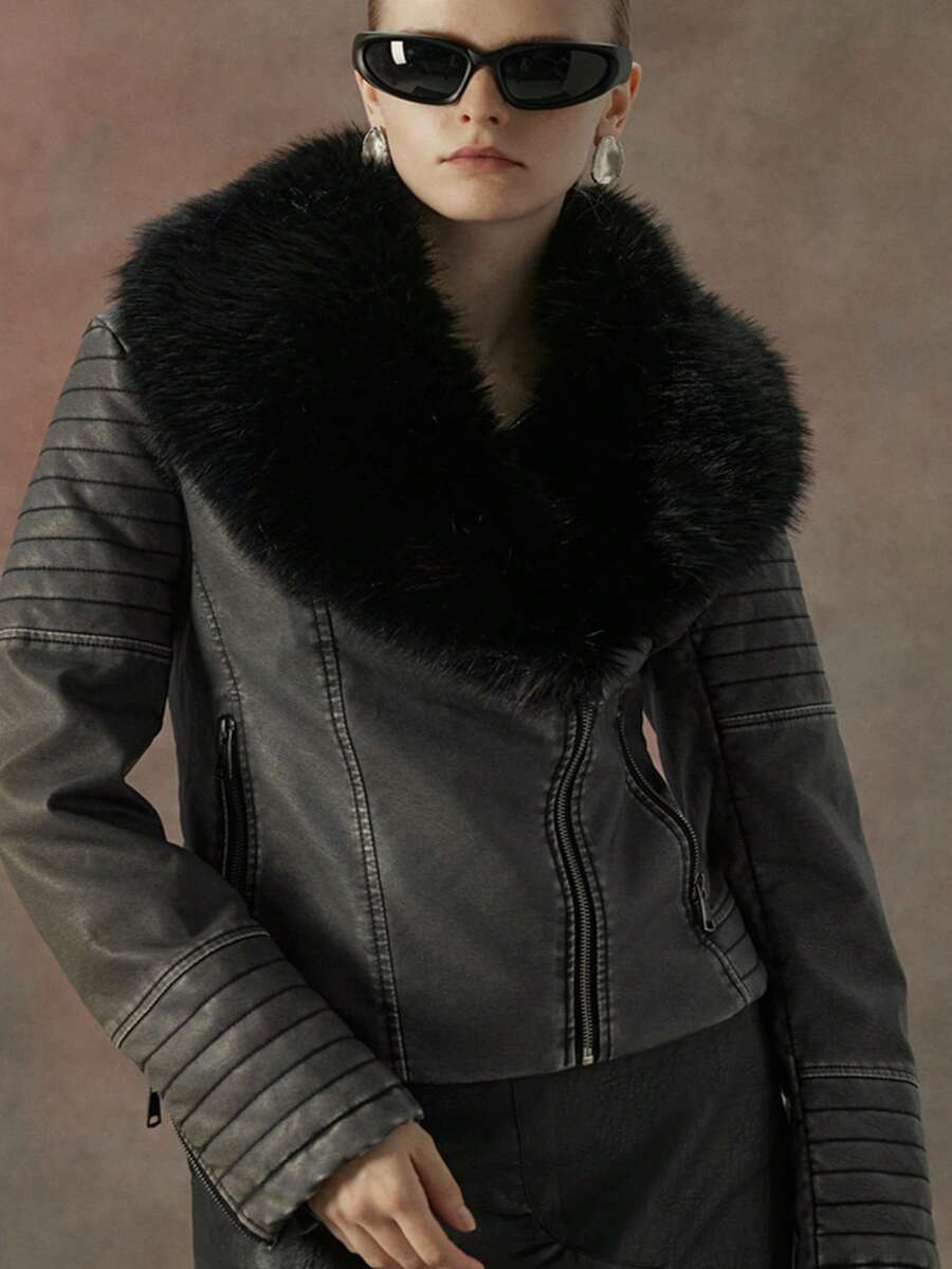 جاكيت نسائية من جلد البولي يوريثان, مناسبة للخريف والشتاء وفصلي الربيع والخريف, للشارع والتنقلات اليومية, مزودة بأكمام وجيوب, سحاب, قابلة للخلع والتنظيف, أكمام قابلة للفصل، طوق من الفرو