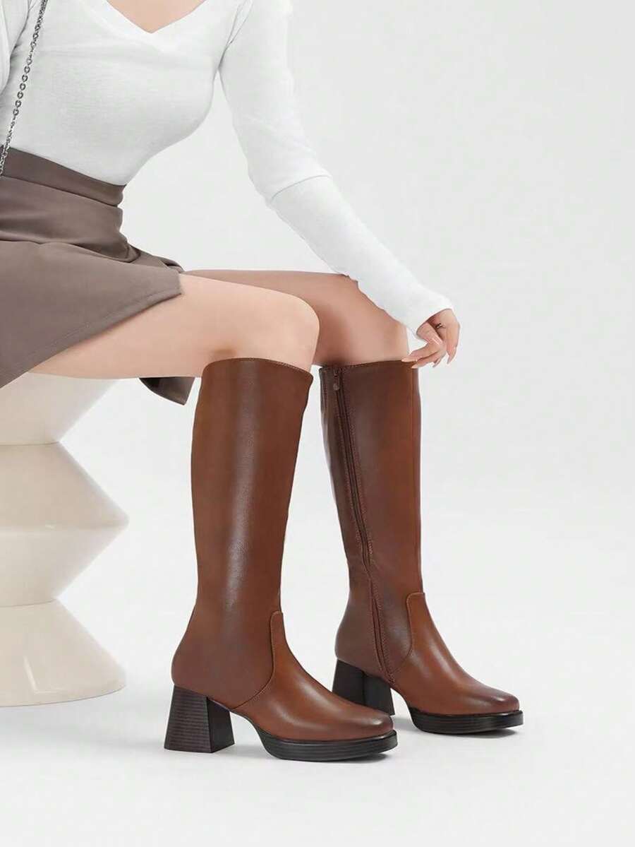 Neue schwarze Kniehohe Stiefel, Retro Damen Stiefel mit quadratischer Zehenform im Ritterstil, wasserdichte Plateau Absatz Stiefel, schmale elastische Wadenhöhe Stiefel, gepolsterte Sohle Schuhe mit erhöhter Höhe für Große Größen - Kamelfarben - Übersicht 1