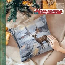 1 buc. Față de pernă decorativă în stil vintage de Crăciun, imprimată pe o singură față - Față de pernă din catifea piersică, 45*45cm