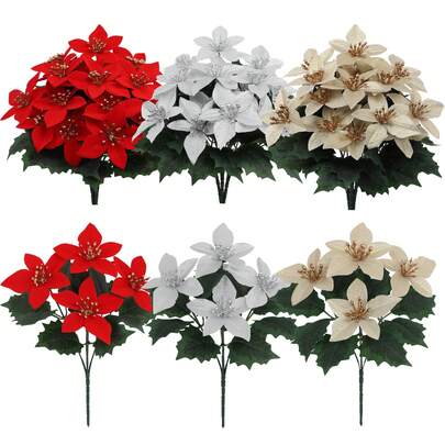 4支人造一品红，带叶茎，人造花束，人造灌木，红色仿真花，人造植物，适用于室内外家居装饰，门廊花园装饰，房间家居装饰，餐桌摆饰，婚礼派对装饰，房间装饰，情人节装饰，卧室装饰