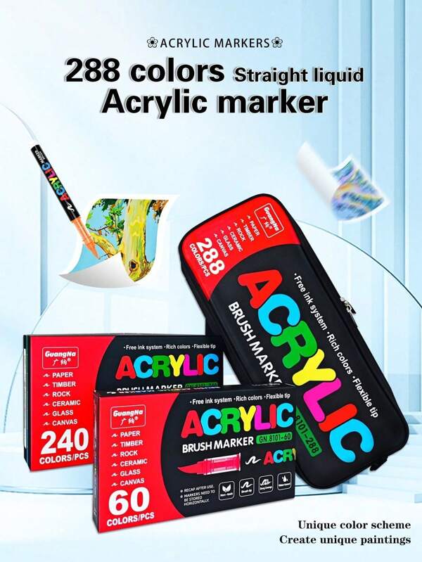 12/24/48/60/72/120/200/240/288 Farben Professioneller Künstler Stift Set - Dual Brush Art Marker, flexibler Pinsel & Feiner Spitzen Skizzen 168 Farben Weiche Spitze Frei Presse Malerei Doodle Overlay Stift Gerade Flüssig Acryl Marker für Stein, Glas, Keramik, Ostereier, Metall, Holz, wasserfest, tolles Geschenk für Familie und Freunde!