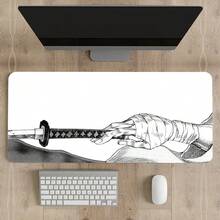 1pc Extra Large Samurai Sword Gaming Mouse Pad - Black And White Desk Pad, Sewn Edges, Anti-Slip Rubber Base, Extra-Large Keyboard And Mouse Pad - The Perfect Gift For Men