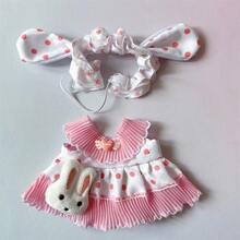 20厘米棉质娃娃粉色套装，心形发夹蝴蝶结蕾丝连衣裙娃娃配件，浪漫情人节礼物，可爱派对用品娃娃 - 彩色 - 查看 9