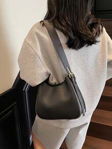 Fashionable Underarm Bag For Women, Minimalist Solid Color, Wide Strap, Bucket Bag, Versatile Zipper Shoulder Crossbody Bag - Black - View 7