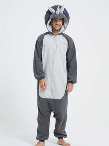 Triceratops Adult Men's Cartoon Zipper One-Piece Pajamas Autumn And Winter Thickened Animal One-Piece Pajamas Hooded Warm Home Clothes Halloween Costume Christmas Role Play Party Costume - 深灰色 - 查看 1